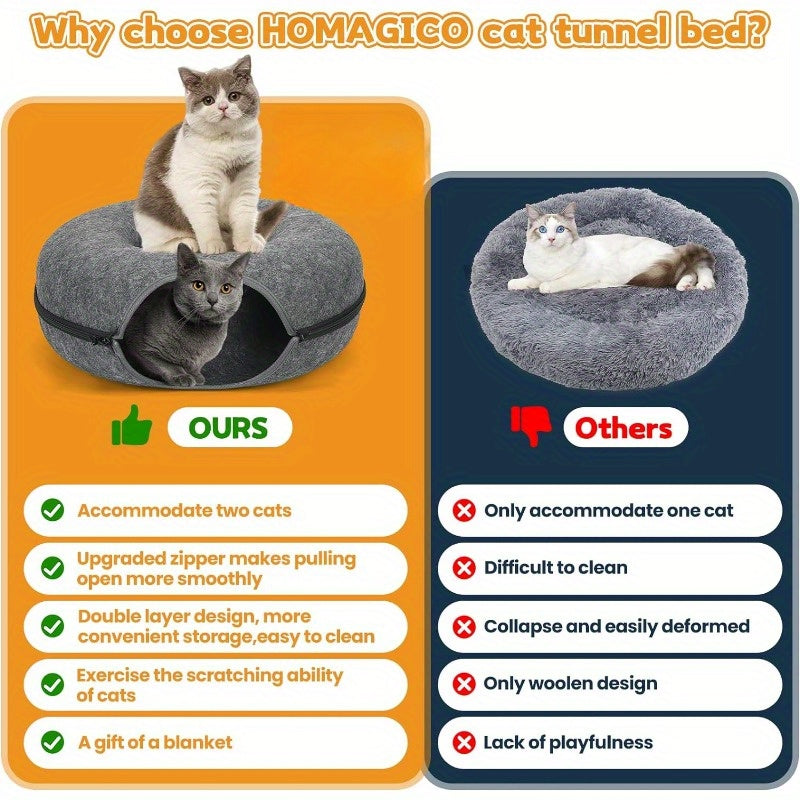 Gemütliches Katzenbett mit Spieltunnel aus Filz
