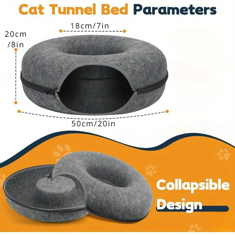 Gemütliches Katzenbett mit Spieltunnel aus Filz