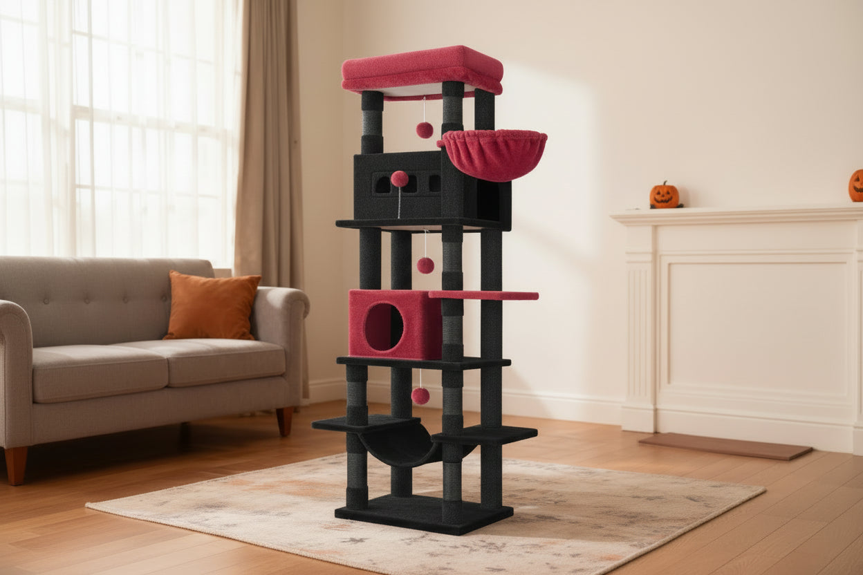 Großer luxuriöser Katzenkratzbaum mit gemütlichen Höhlen und Spielmöglichkeiten