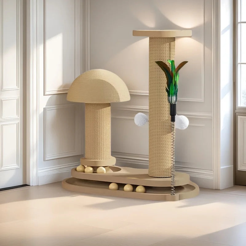 Interaktiver Katzenkratzbaumturm mit Holz und Jute