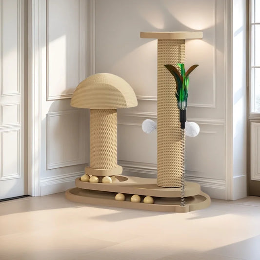 Interaktiver Katzenkratzbaumturm mit Holz und Jute