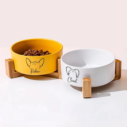 Personalisierte Keramikschale für Haustiere mit elegantem Holzständer